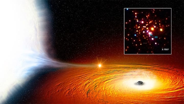 Ilustración artística de la enana blanca y el agujero negro del sistema X9 en el cúmulo 47 Tucanae. / Crédito: NASA/CXC/M.Weiss y A. Bahramian.
