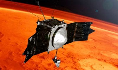 Ilustración artística de MAVEN orbitando Marte./ Crédito: Centro de Vuelo Espacial Goddard.