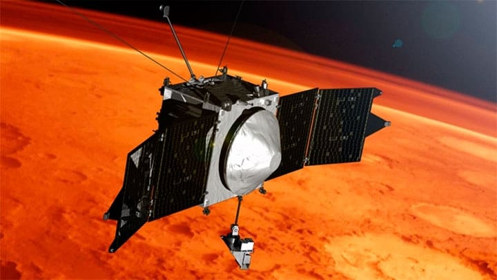 Ilustración artística de MAVEN orbitando Marte./ Crédito: Centro de Vuelo Espacial Goddard.
