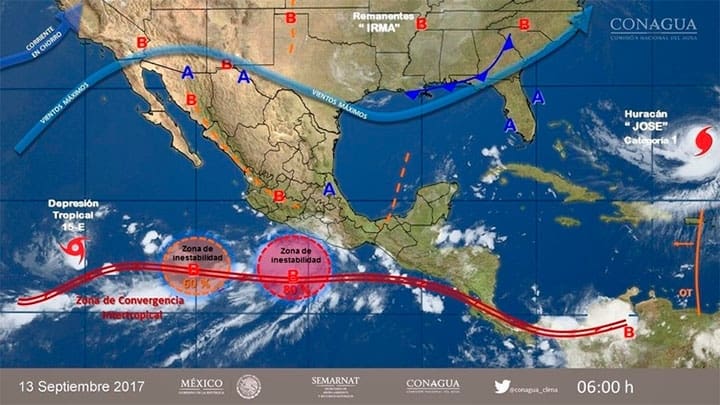 / Imagen que muestra dos zonas de inestabilidad en el Pacífico / smn.cna.gob.mx